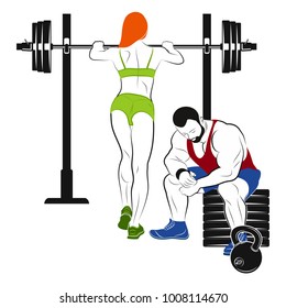 The vector image of the mighty man and beautiful girl in the gym against the background of a barbell and the weight. Vector illustration.