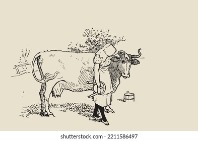 Vector image - milkmaid stroking a cow