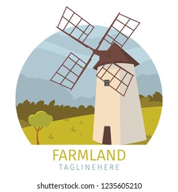 Vector image mill the outskirts of the village. Banner vector illustration of a cartoon mills in farmland located in the countryside outside the city. 