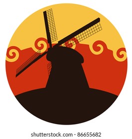 Vector image of the mill and sunset with clouds