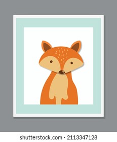 
vector image of a minimalist cartoon style red fox inside a frame. Ideal for decorating a small children's room, poster, cards, wall decoration and teaching material.