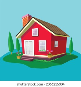 Vector Image of a Minimalist House with Green Trees around the House