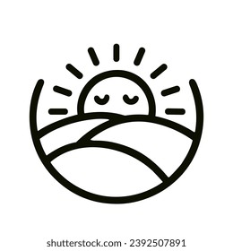 Vector image of a minimalist landscape with the rising sun above the horizon, Vikon in a black outline. The changing sun symbolizes light and warmth, and the rounded mountains convey calm 