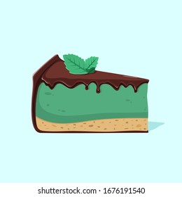 Imagen vectorial de un pastel de queso de menta con vidrios de chocolate y hojas de menta.