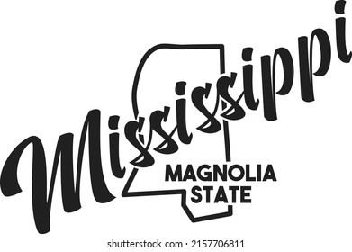 Vector image of Mississippi. Lettering nickname Magnolia State. United States of America outline silhouette. Hand-drawn map of US territory. Illustration for the USA poster, banner, print, decor, card