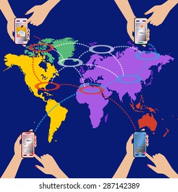 Vector image. Mobile phone in the hands of a man against the background of world maps