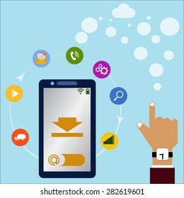 Vector image. Mobile phone internet and human hand on a blue background