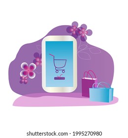 Vector image of a mobile phone with an image of a shopping cart on the screen. For website and application design.