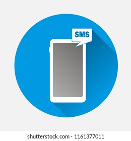 Vector image mobile phone, smartphone on blue background. Flat image phone and SMS icon with long shadow. Layers grouped for easy editing illustration. For your design.