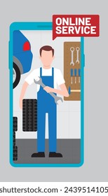 Vector image of a mobile phone with a technician in overalls adjusting a car in a car repair shop and the inscription online service