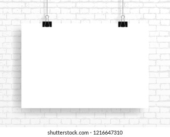 Vector image (mockup, layout) of a poster(4:3), fastened with two black paper clips on a brick wall texture background. Template, frame for your text or image. EPS 10.