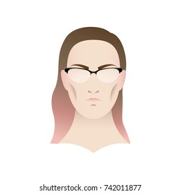 Vector image of a model in glasses. Elegant frames for business style. Optics. Selection of lenses. The woman with long hair tried on her glasses.