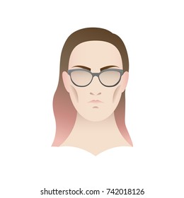 Vector image of a model in glasses. Elegant frames for business style. Optics. Selection of lenses. The woman with long hair tried on her glasses.