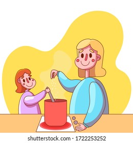 Vector image. Mom and daughter are cooking. Joint cooking. The child helps the parent. Mom teaches daughter to cook. The child holds a ladle, mom salts the soup. Spend time together at home, family.