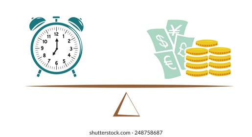 Vector image of money and an alarm clock on a scale