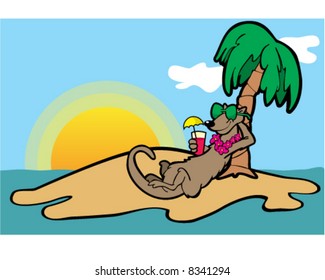 Vector image of mongoose on vacation on a tropical island wearing sunglasses and holding a glass with an umbrella in it