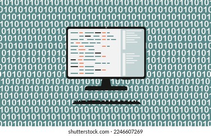 Vector image of a monitor with a keyboard with a binary code in the background. The concept of working with software and programming