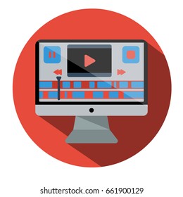 Vector image of monitor with video editor and timeline, icon