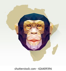 Vector image monkey in flat design with long shadow. Geometric chimpanzee illustration in polygonal style. Monkey low poly. Animal protection living in Africa or national park. African mammal.