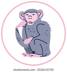 Vector image of monkey icon inside a circle with pink line