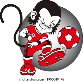 Vector image of a monkey playing football, wearing a red jersey and isolated on a gray background, suitable for doll model symbols, great for printing in all media,