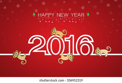 Vector image of an monkeys and 2016 numbers on red  background
