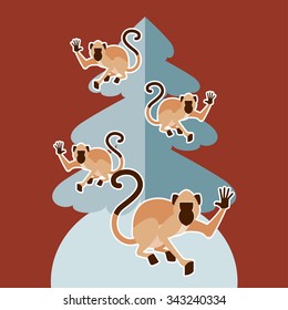 Vector image of the monkeys and the fir tree