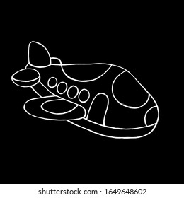 
Imagen vectorial. Dibujo monocromo de un avión de juguete aislado en un fondo negro. Diseño de portada, impresión de ropa.