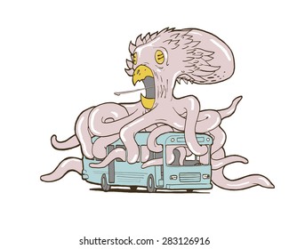 Vector image of the monster with beak and many tentacles sitting on a bus.