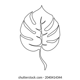 Vector image. Monstera plant leaf drawn by a single thin line. Black sheet on a white background. Ideal template for design, print, art objects, print for textiles, postcards.