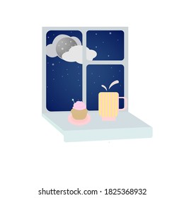 Vector image of a moon, clouds and stars in a window. On a windowsill stands cup and a cake 