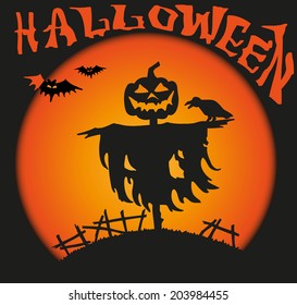 vector with image of moon on black background with scarecrow and crow