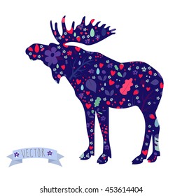 Vector image of a moose with elements of berries, plants