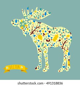 Vector image of a moose with elements of berries, plants