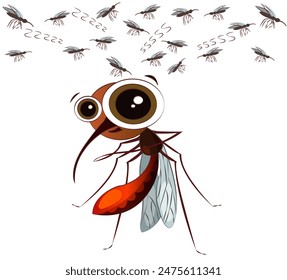 Vector image of a mosquito. Drawing of an insect. Cute drawn character. Red bright mosquito.