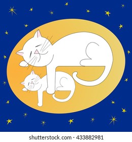 Vector image of mother cat and her kitten asleep in the night sky