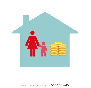 Vector image of a mother with a child, money and a house