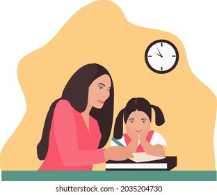 vector image of a mother teaching her daughter at the table