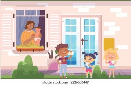 
vector image of mother watching kids outside with her baby through the window