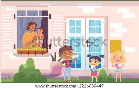 
vector image of mother watching kids outside with her baby through the window