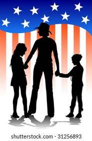 Vector image of mothers and daughters against the backdrop of the American flag