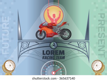 Vector image of motorcycle racing on the arch of the bridge, logo presentation title race team silhouette silhouette, yellow, pink, trendy, flat,