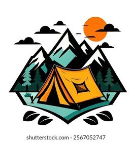 vector image of mountain and camping tent