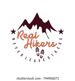 Vector image of mountain and footstep illustrates hiker on white background. Suit for tourism logo, banner, stamp, environtmental movement, etc