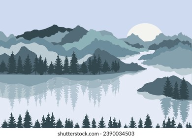 Imagen vectorial de un paisaje montañoso. Montañas y ríos forestales.