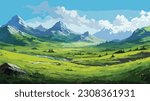 vector image of the mountain landscape and a river across the green fields