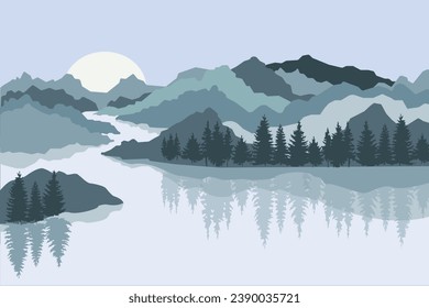 Vector image of a mountain landscape. The river is surrounded by mountains and coniferous forests.