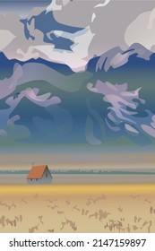 
Vector image, mountain landscape with a secluded house