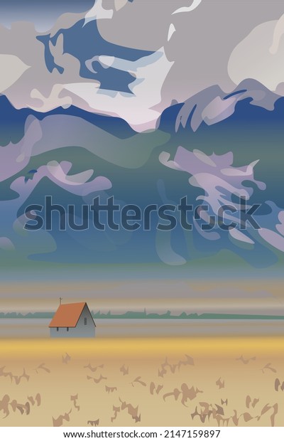 \
Vector\
image, mountain landscape with a secluded\
house