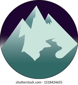 Vector image, mountain peaks and river in a circle form. Three snowy mountain peaks against a dark sky.